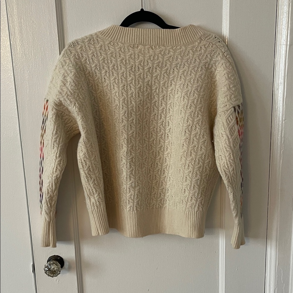Anthropologie Maeve Cream V-Neck Wool Sweater with Colorful Details - Picture 6 of 12